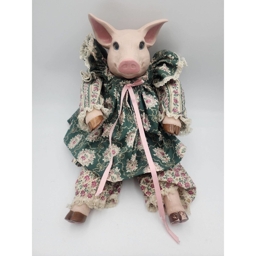 VTG 1991 Ceramic Pig Doll Floral Dress Hand Painted Rare Signed Anthropomorphic